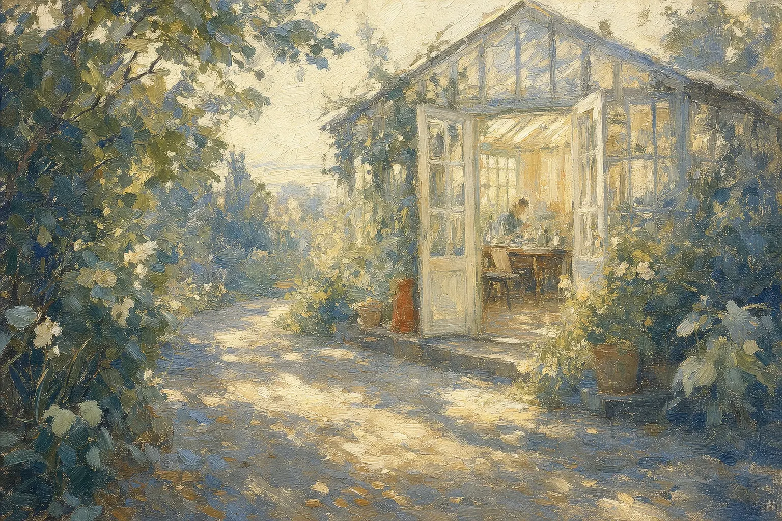 Impressionist painting of a garden path leading to a small glasshouse atelier, its doors open and lit from inside