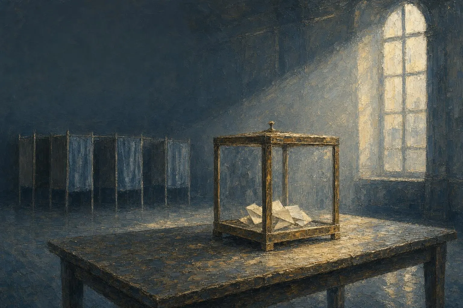 An impressionist painting of an empty French polling station in the early morning, a glass ballot box with a tarnished brass frame on a wooden table holding a few folded envelopes, a row of curtained voting booths in the blue shadow behind it, and a tall arched window throwing a shaft of pale light across the table