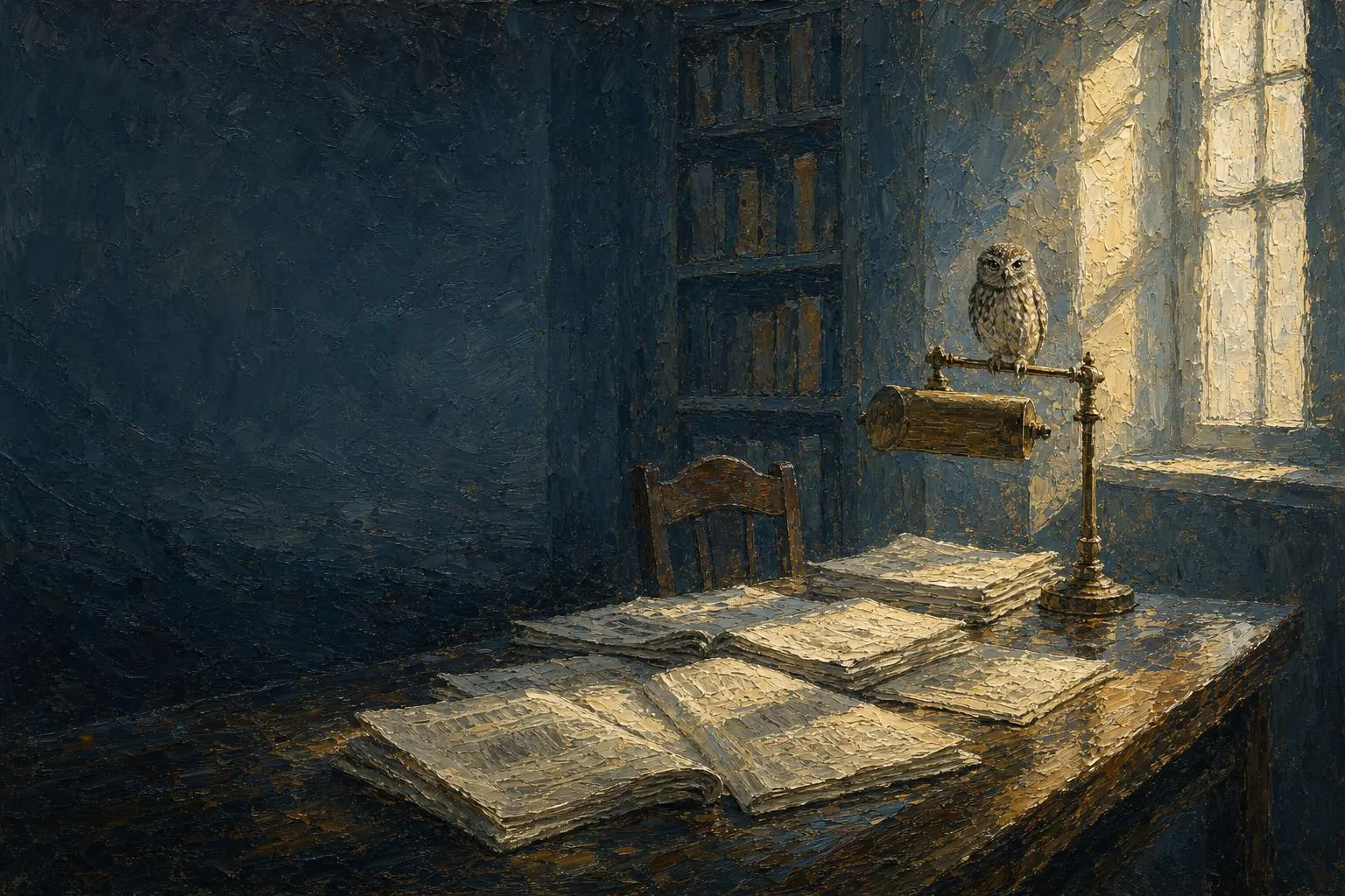 An impressionist painting of a reading room at first light, a dark wooden table spread with open and stacked newspapers, a bookshelf and an empty chair in the blue shadow behind, and a small owl perched on the arm of a brass reading lamp beside a tall window letting in pale morning sun