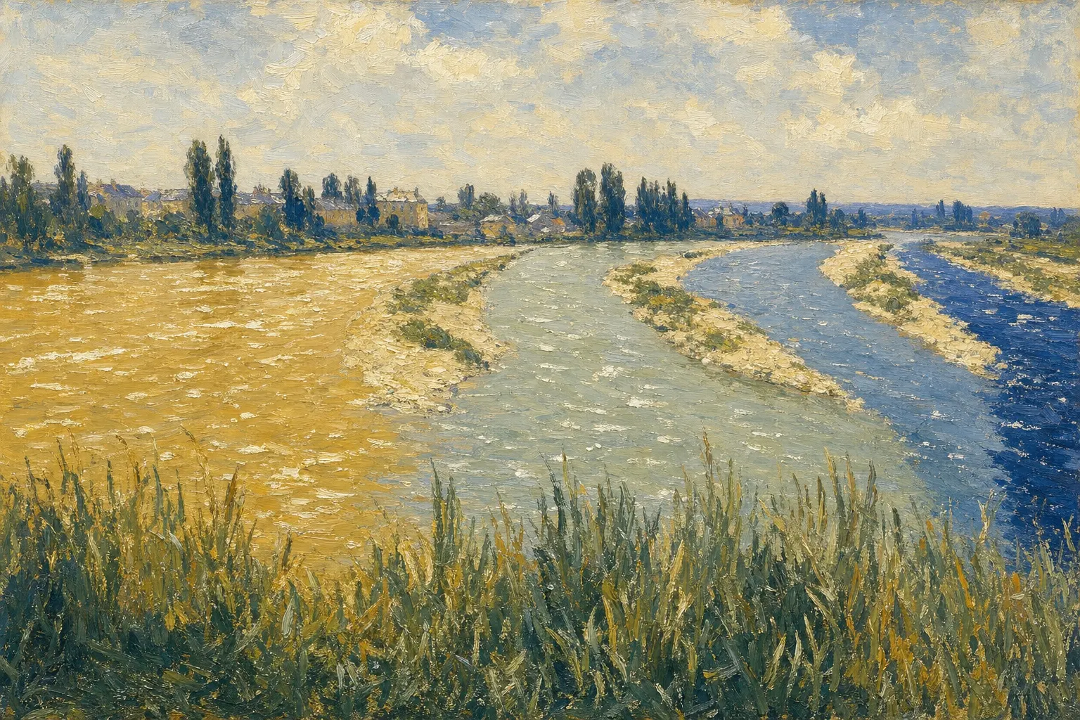 An impressionist painting of a wide river in summer light, split by sandbars into four channels of unequal width — a broad gold one, a pale green one, a blue one and a narrow band of deep indigo — running past a hazy French village