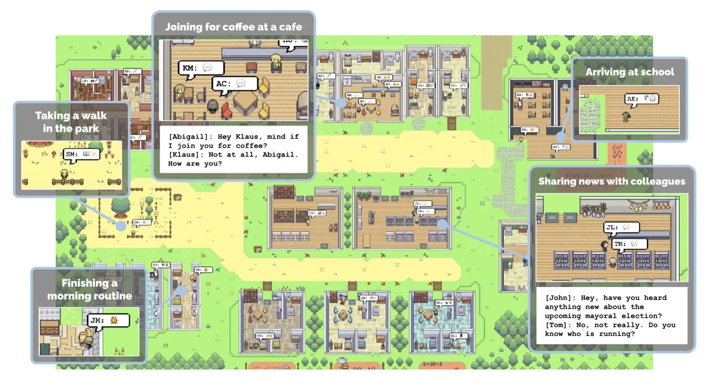 Smallville: a pixel-art town where 25 generative agents live, plan, and socialise