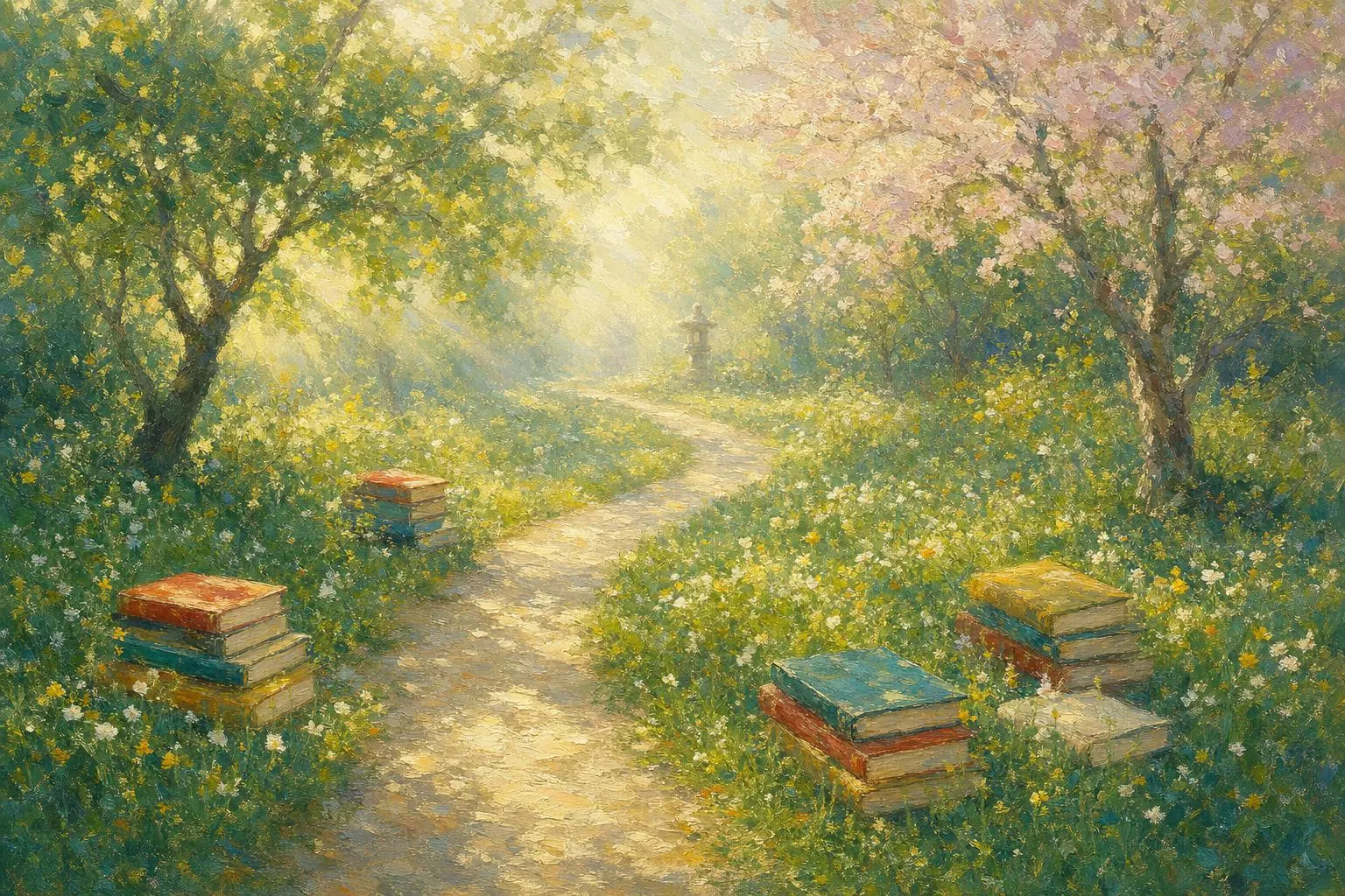 An impressionist painting of a garden path in dappled morning light, small stacks of colourful books piled in the flowering grass on either side, a stone lantern in the haze beyond